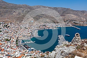 View of Pothia Town from a hill above Pothia. Kalymnos, Greece