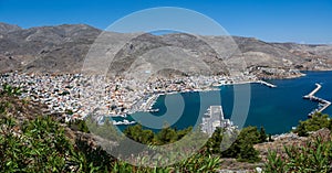 View of Pothia Town from a hill above Pothia. Kalymnos, Greece