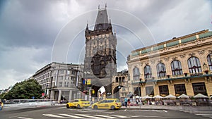 View of The Powder Tower timelapse and the Municipal House at the Republic Square in Prague.