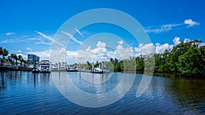 view of the power boats tender yachts in the canals of the marina in Dania Beach, Hollywood, Miami. Florida