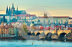 View of the Prague Castle and Carles Bridge