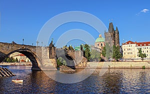 View on Prague Charles Bridge and historical architecture of Old Town over Vltava river, Czech Republic