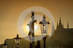 View of Prague in evening from Charles bridge