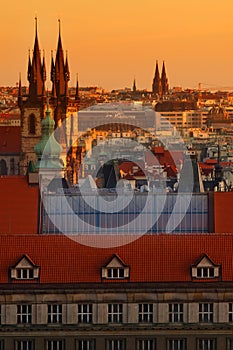 View of Prague with hundred towers at sunset