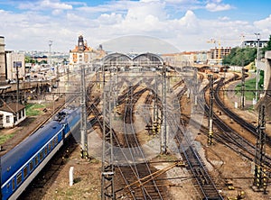 The view at the Prague main train station with a lot of railways