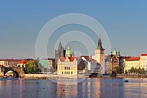 View on Prague Old Town architecture and Charles Bridge over Vltava river, Czech Republic. Prague cityscape