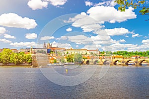 View of Prague old town, historical center with Prague Castle, St. Vitus Cathedral in Hradcany district, Charles Bridge