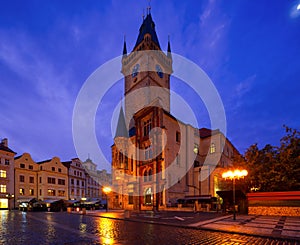 View of Prague Orloj - medieval astronomical clock mounted on Old Town Hall in the Old Town Square, Prague, Czech Republic, Europe