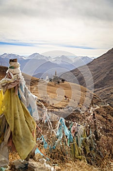 View of prayer flags and pagoda in Drak Yerpa, Tibet