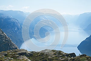 View from Preikestolen pulpit-rock cliff in Norway.