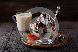 view presentation of a chocolate sundae in foodgraphy