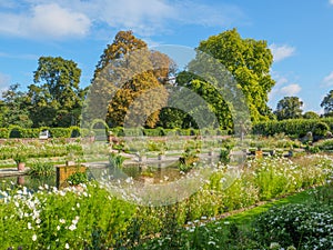 View of the Princess Diana Memorial Garden called White Garden at Kensington Palace in London on a sunny day.