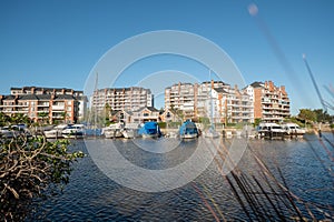 View of the private neighborhood of Nordelta, with its yachts, located in Buenos Aires, Argentina