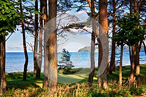 View from the promenade in Binz to the Baltic Sea and the cliff in Sellin. Pomerania, Germany