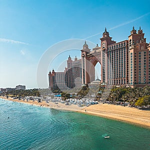 View from the promenade and tram monorail in The Palm Jumeirah island in Dubai, UAE