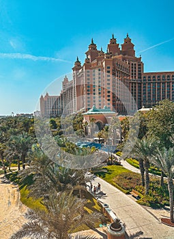 View from the promenade and tram monorail in The Palm Jumeirah island in Dubai, UAE