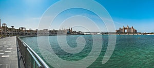 View from the promenade and tram monorail in The Palm Jumeirah island in Dubai, UAE