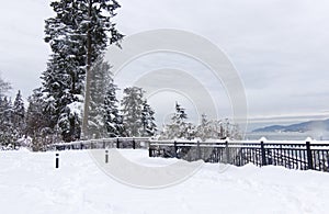 View of Prospect Point Lookout in Stanley Park. Snowfall in Vancouver.