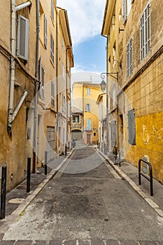 View of provence typical city Aix en Provence with old house facade in the morning