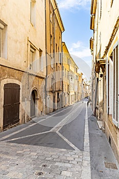 View of provence typical city Aix en Provence with old house facade in the morning