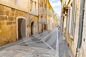 View of provence typical city Aix en Provence with old house facade in the morning