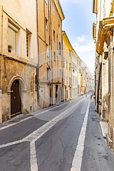 View of provence typical city Aix en Provence with old house facade in the morning