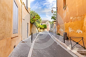 View of provence typical city Aix en Provence with old house facade in the morning