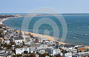 The View of Provincetown beach and the curve of the bay at the tip of Cape Cod from the top of the Pilgram Monument