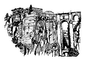 View of the Puente Nuevo bridge over the river Guadalevin in Ronda, Andalusia, hand drawn sketch graphic