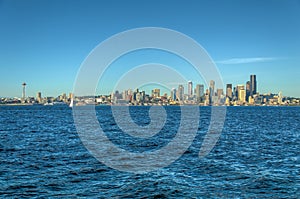 View of Puget Sound with Blue Skies and Downtown Seattle, Washington, USA