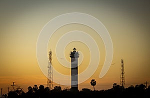 View of Pulicat Lighthouse with communication towers, Pulicatalso known as Pazhaverkadu, Tamil Nadu, India. Pulicat is a fishing