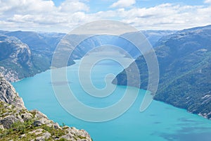 View from Pulpit Rock. Aerial view of blue water over a Norwegian fjord Lysefjorden