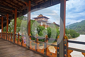 View of Punakha Dzong located next to Mo Chhu river in Bumthang district of Bhutan, view of ancient building in Bhutan.