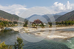 View at Punakha Dzong monastery and the landscape with the Mo Chhu river, Bhutan