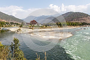 View at Punakha Dzong monastery and the landscape with the Mo Chhu river, Bhutan