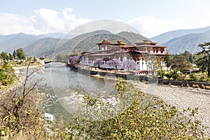 View at Punakha Dzong monastery and the landscape with the Mo Chhu river, Bhutan