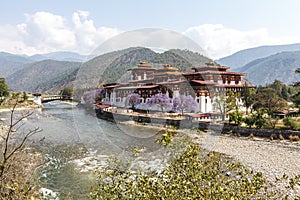 View at Punakha Dzong monastery and the landscape with the Mo Chhu river, Bhutan