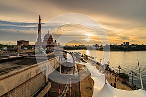 View of putra mosque, putrajaya, malaysia during sunset