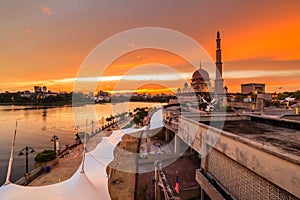 View of putra mosque, putrajaya, malaysia during sunset