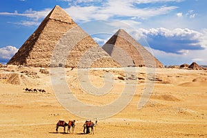 View on the Pyramid of Khafre and the Pyramid of Khufu, desert of Giza, Egypt