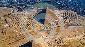 View of Pyramid of Khufu, Giza pyramids landscape. historical egypt pyramids shot by drone.