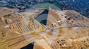 View of Pyramid of Khufu, Giza pyramids landscape. historical egypt pyramids shot by drone. photo