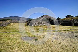 View of pyramids of the Sun and the Moon from avenue of the Dead.