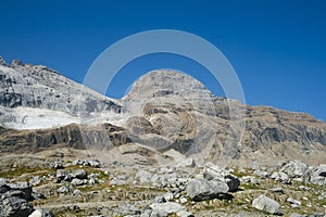 view of the pyrenean \'Cilindro\' peak and glacier from the Marbore or Tuca Roya valley