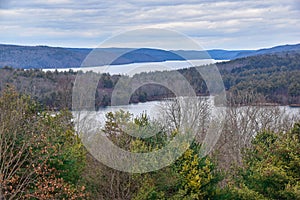 view of the quabbin reservior on a cloudy winters day