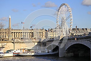 View from Quai d'Orsay at Pont de la Concorde and the Big ferris wheel, Paris, France