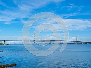 View of the Queensferry Crossing bridges over the Firth of Forth, Edinburgh, Scotland.