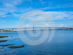 View of the Queensferry Crossing bridges over the Firth of Forth, Edinburgh, Scotland.