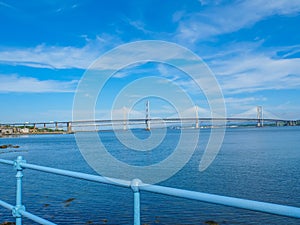 View of the Queensferry Crossing bridges over the Firth of Forth, Edinburgh, Scotland.