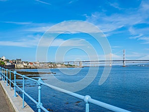 View of the Queensferry Crossing bridges over the Firth of Forth, Edinburgh, Scotland.